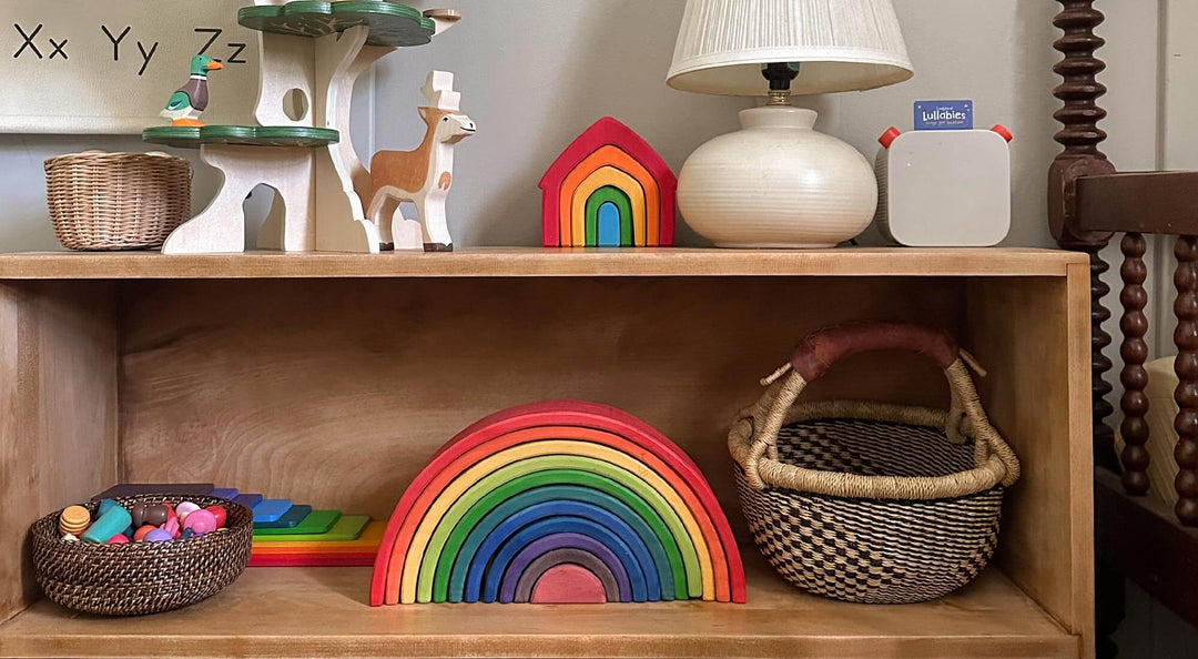 Colorful playroom shelf.