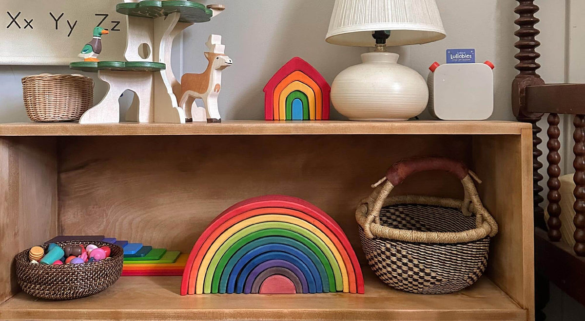 Colorful playroom shelf.