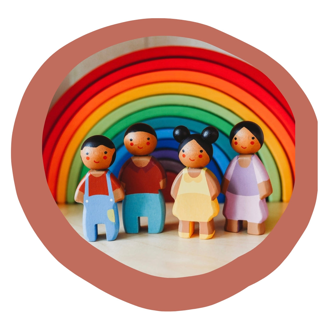 Tender Leaf Toys - Wooden doll family with wooden rainbow in background