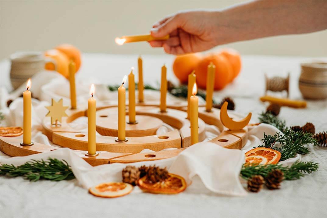 An Advent Spiral on a table.