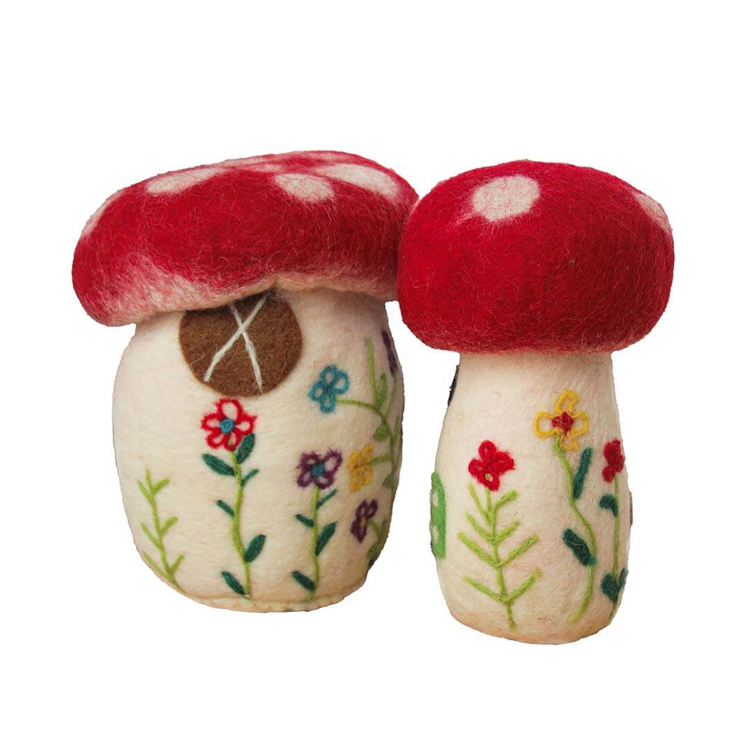 Set Of Two Felted Mushrooms on a white background.