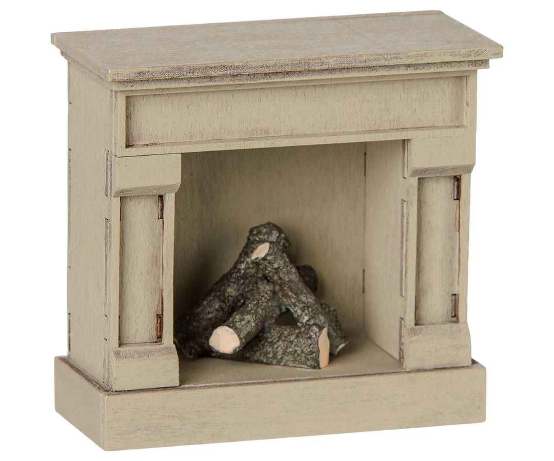 Maileg Vintage Fireplace miniature dollhouse accessory with distressed finish and light-up stacked logs - Bella Luna Toys