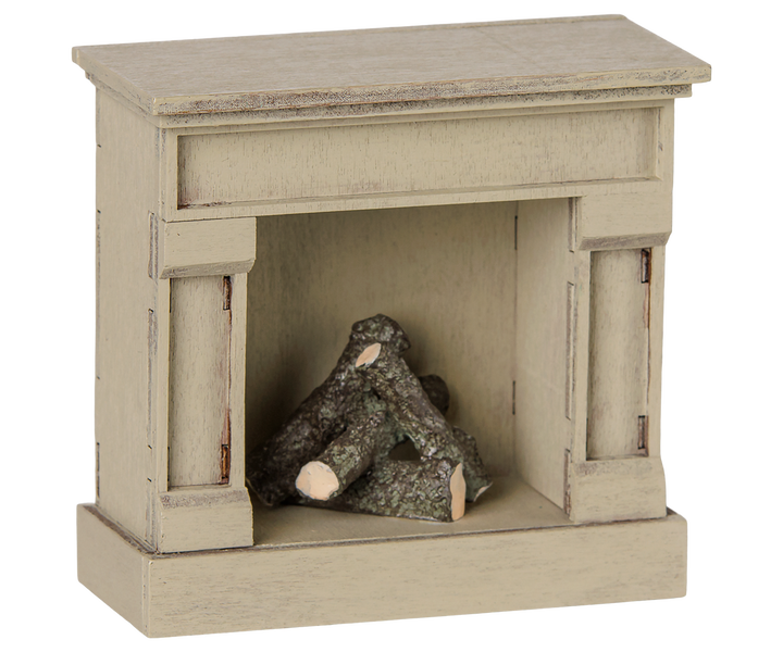 Maileg Vintage Fireplace miniature dollhouse accessory with distressed finish and light-up stacked logs - Bella Luna Toys