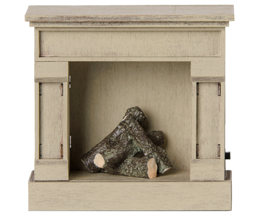 Maileg Vintage Fireplace miniature dollhouse accessory with distressed finish and light-up stacked logs - Bella Luna Toys