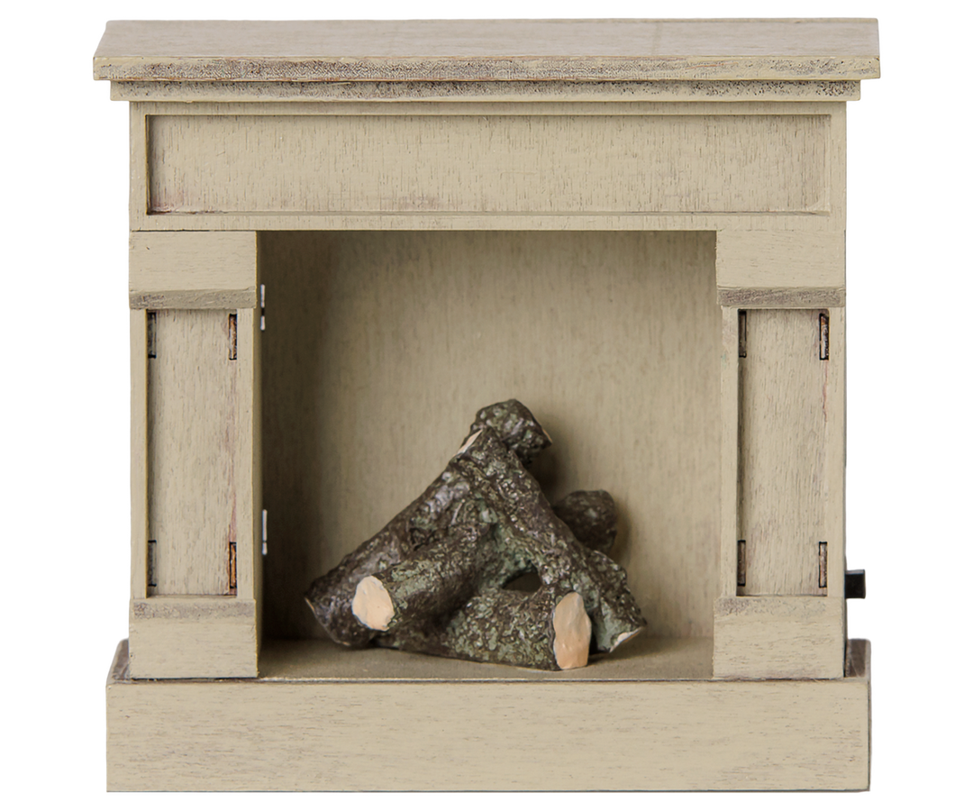 Maileg Vintage Fireplace miniature dollhouse accessory with distressed finish and light-up stacked logs - Bella Luna Toys