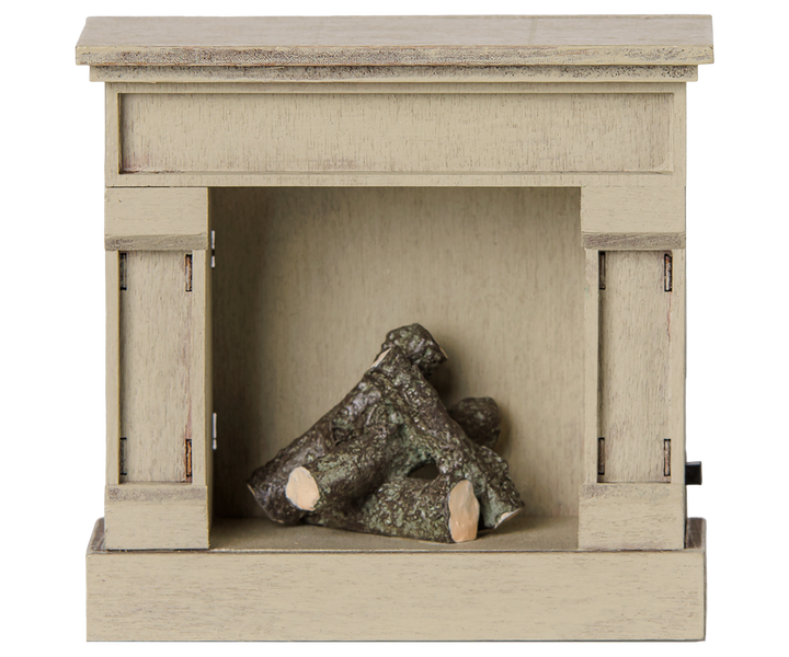 Maileg Vintage Fireplace miniature dollhouse accessory with distressed finish and light-up stacked logs - Bella Luna Toys