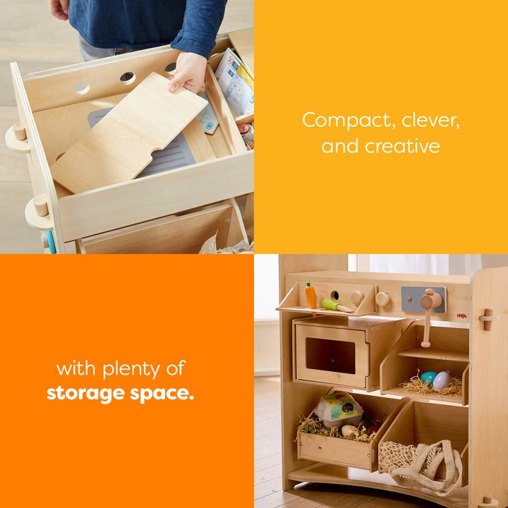 Wooden play kitchen set with storage space, labeled 'Compact, clever, and creative with plenty of storage space.'