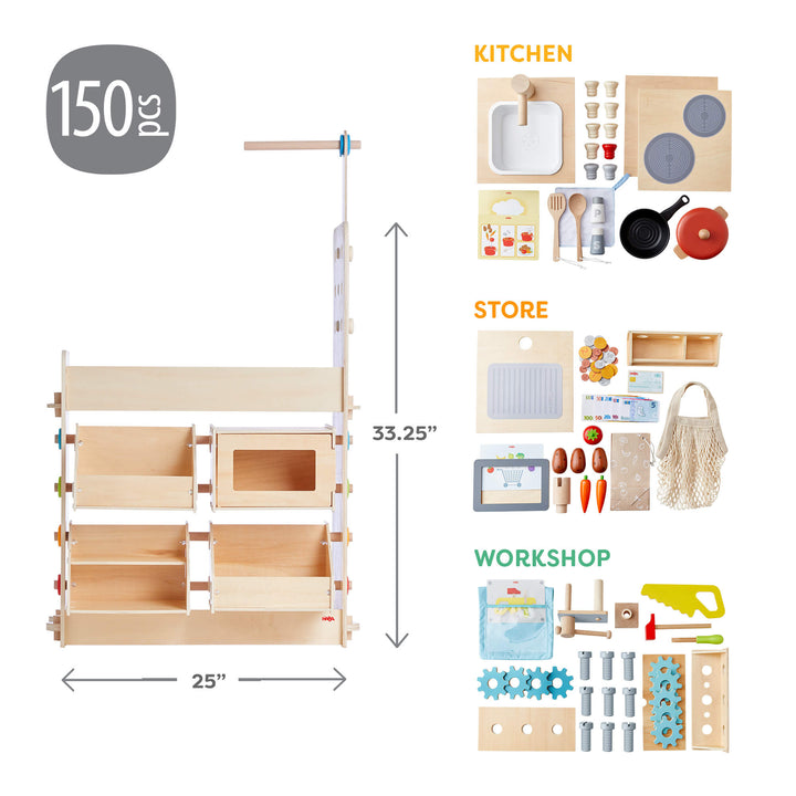 Wooden play kitchen set with 150 accessories and dimensions on a white background