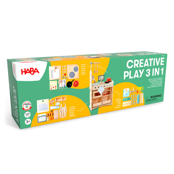 HABA Creative Play 3 in 1 – Play Kitchen, Store & Workshop packaging on a white background