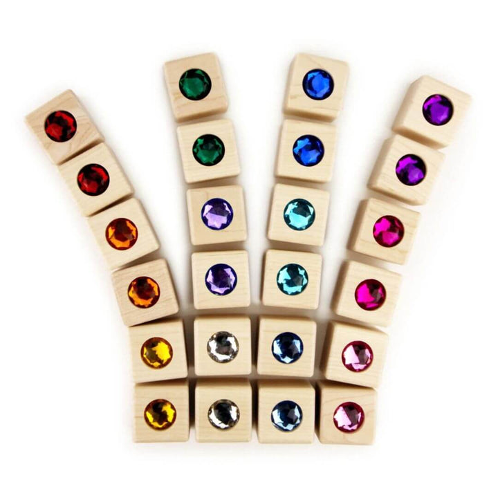 Everwood Friends natural maple building blocks with colorful inset acrylic gems dispayed in 4 lines against a white background - Bella Luna Toys