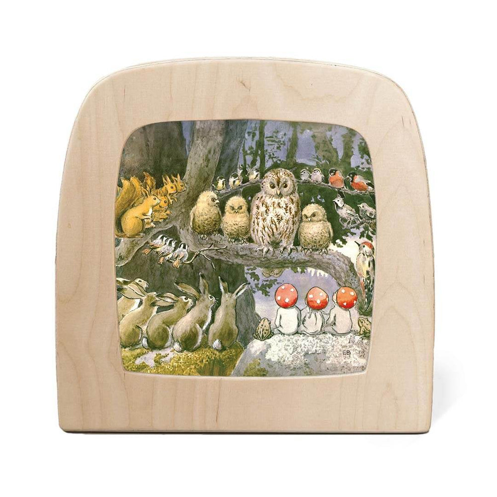 Wooden box light with a nature-themed illustration of animals on a screen