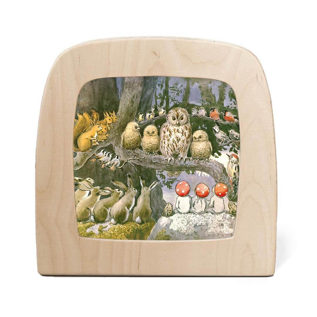 Wooden box light with a nature-themed illustration of animals on a screen