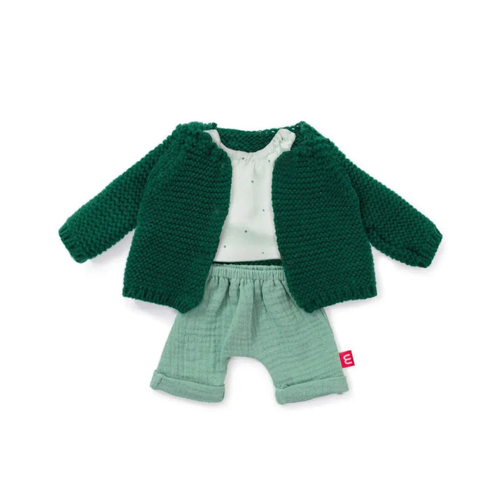 Green knit cardigan, printed top, and light green shorts outfit for 15-inch Miniland dolls, designed for seasonal dress-up and fine motor skill development.