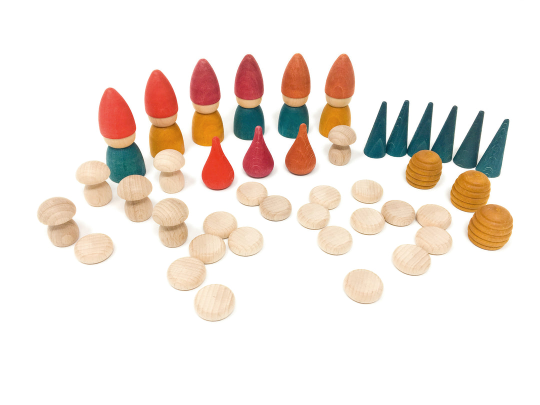 Grapat Nins Tomten Play Set with 6 hand-painted wooden figures, coins, cones, mushrooms, honeycombs, and fire pieces arranged for small-world play - Bella Luna Toys