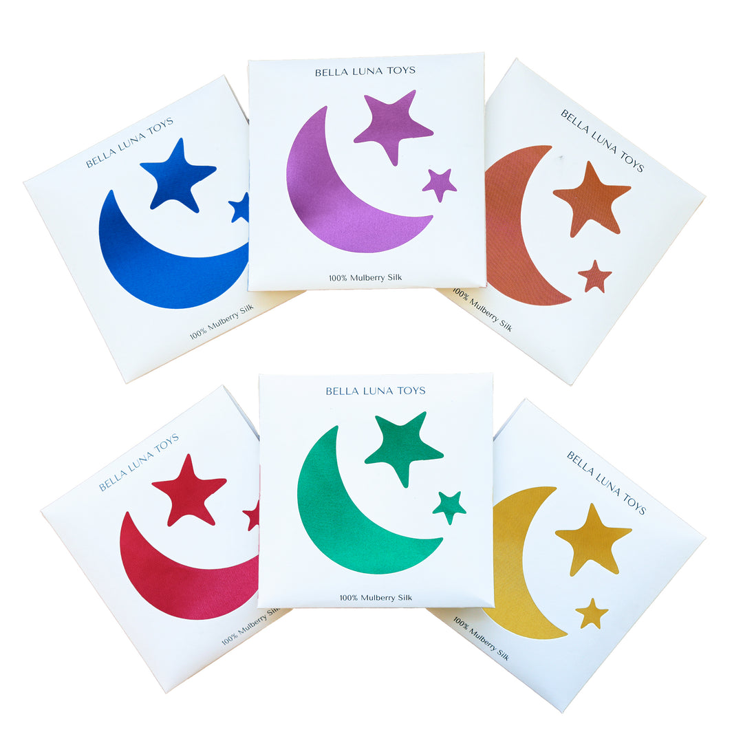 Classic Rainbow Play Silks full collection with star and moon packaging on a white background.