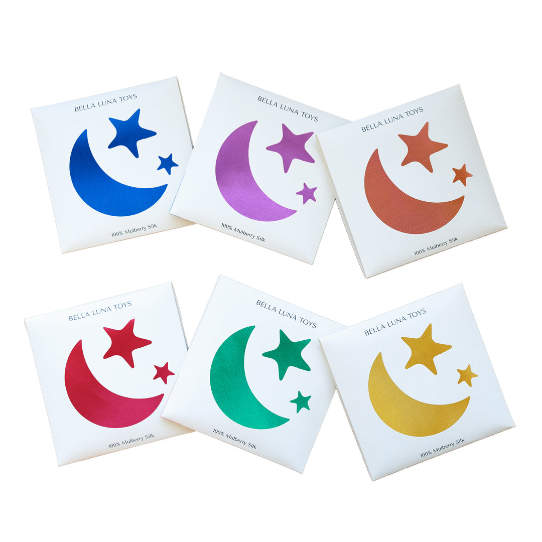 Classic Rainbow Play Silks full collection with star and moon packaging on a white background.