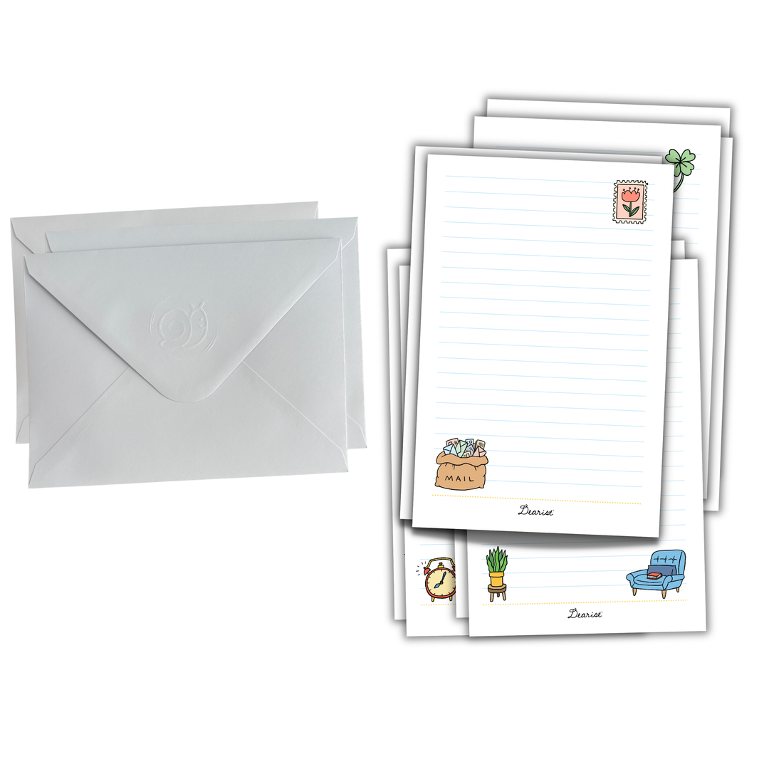 Little Dearist wide ruled stationery set with lined writing paper, playful mail illustrations, and coordinating white envelopes - Bella Luna Toys