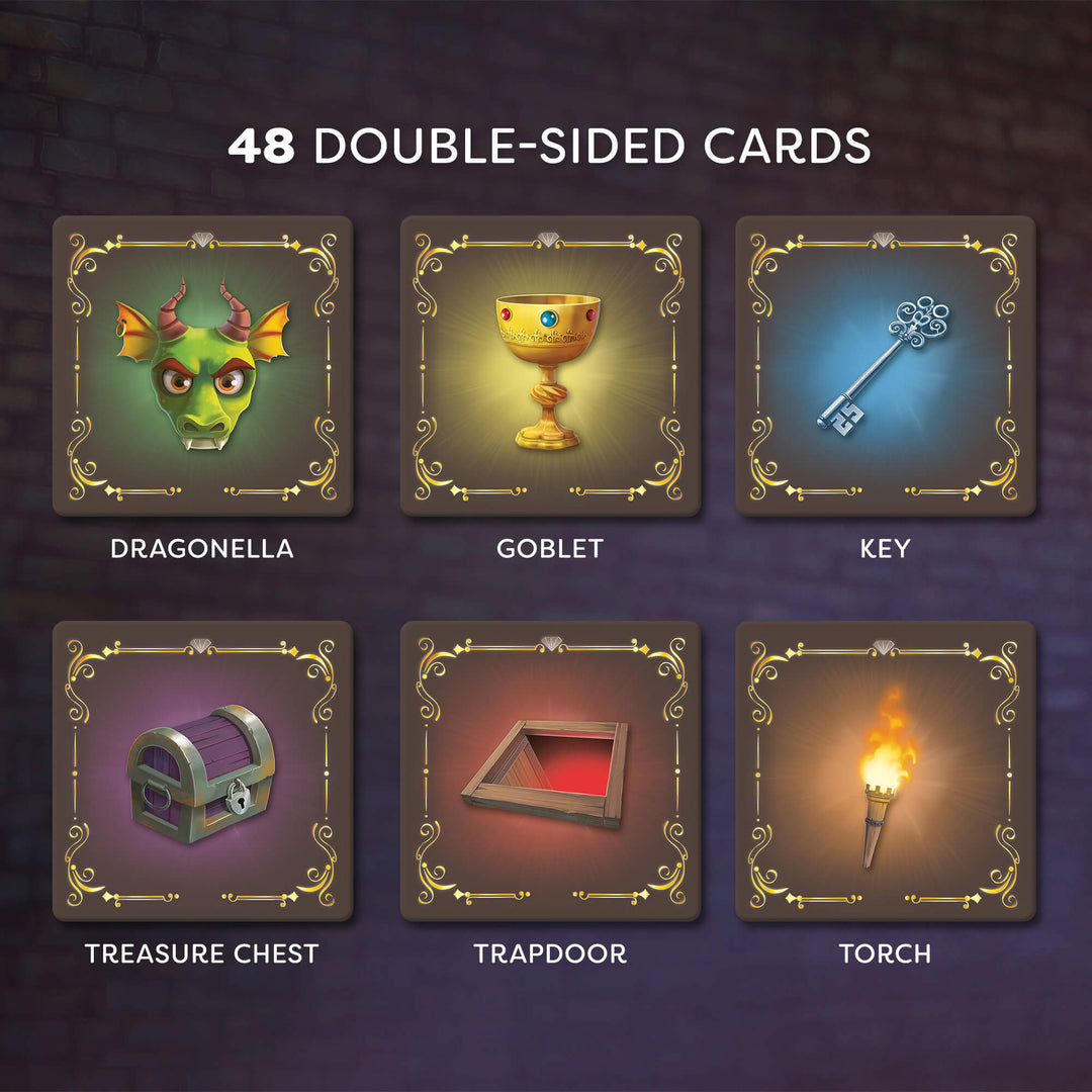 Set of six double-sided cards with fantasy-themed illustrations on a dark background.