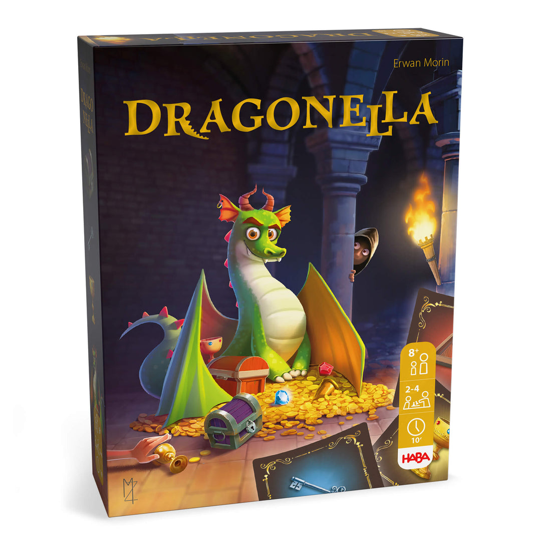Board game box for 'Dragonella' with a colorful dragon illustration on a dark background.