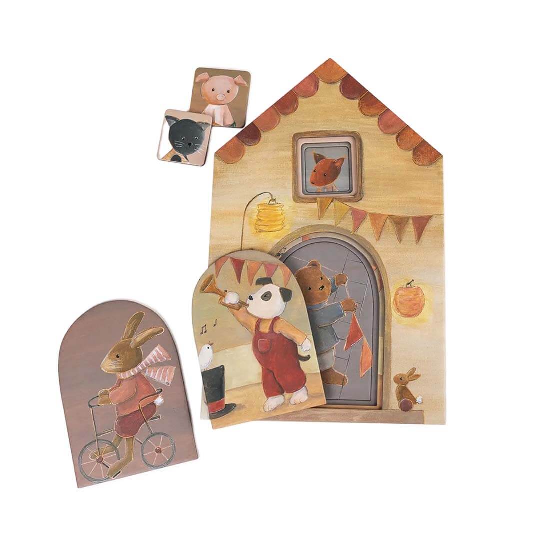 Wooden puzzle from Egmont with animal characters in a house design on a white background - Bella Luna Toys