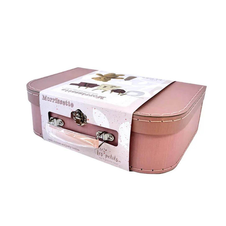 Pink toy case with a label on a white background