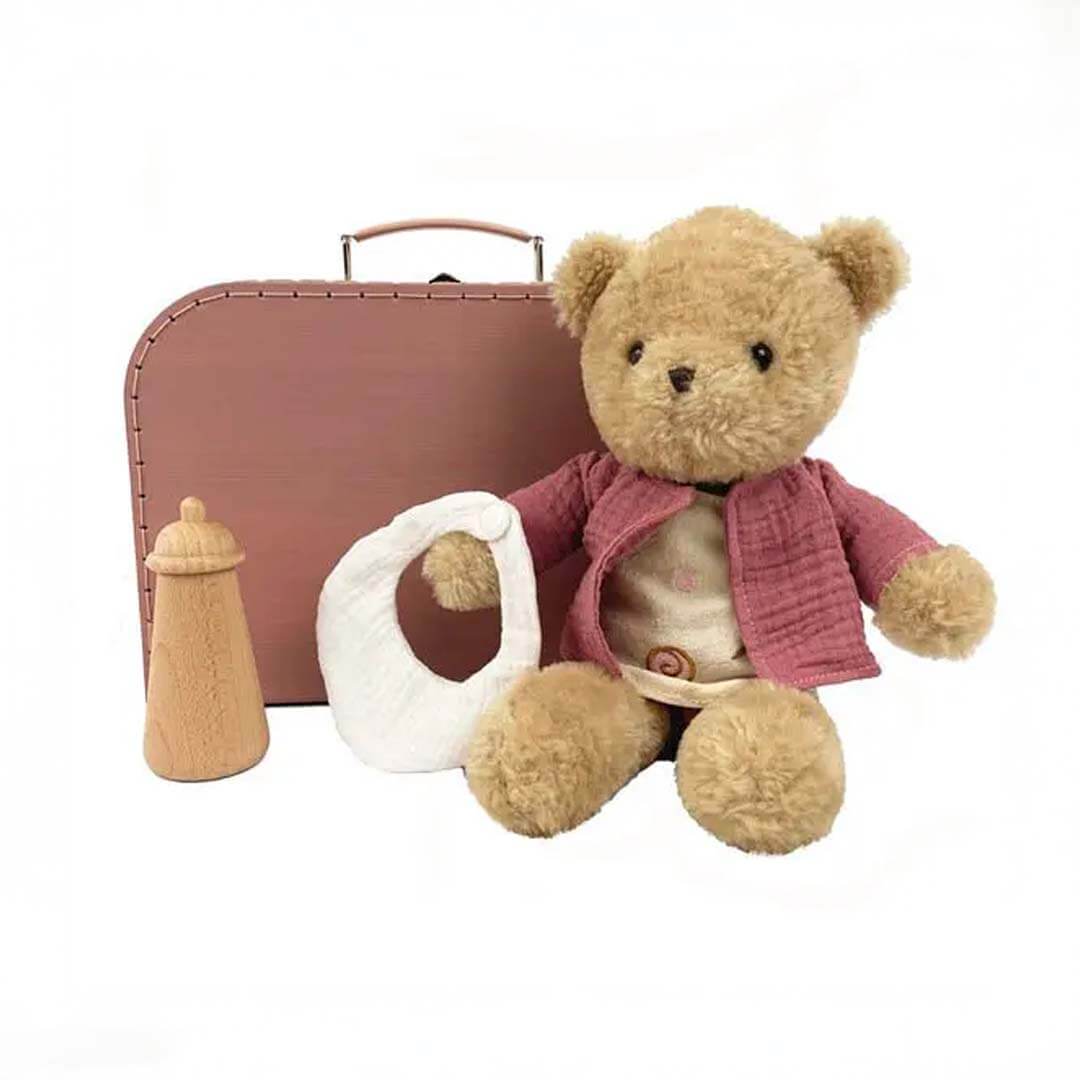 Teddy bear with baby items including a suitcase, bottle, and rattle on a white background