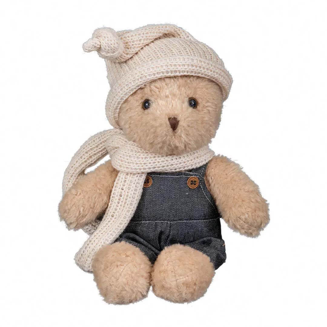 Teddy bear wearing a knitted hat, scarf, and denim overalls on a white background