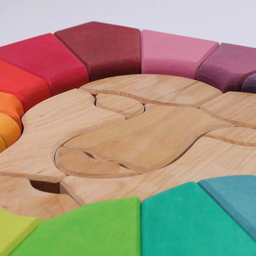 Wooden puzzle with colorful wooden pieces on a light gray background.