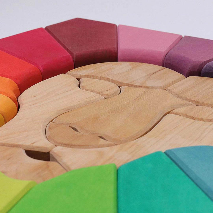 Wooden puzzle with colorful wooden pieces on a light gray background.