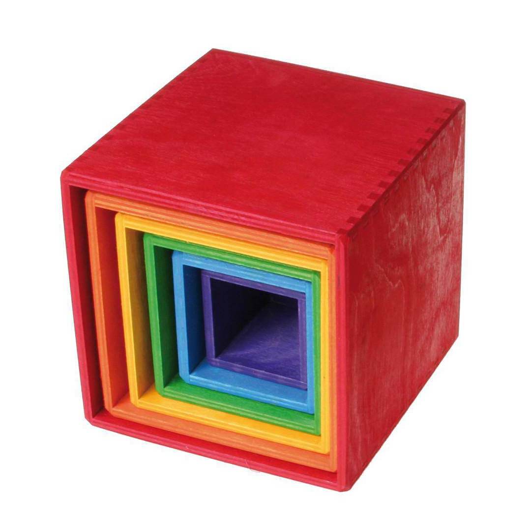 Stack of colorful square blocks with a red outer block.