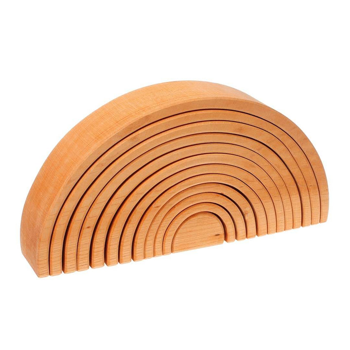 Grimm's Spiel & Holz - Large Wooden Natural Tunnel - 12 Piece on a white background.
