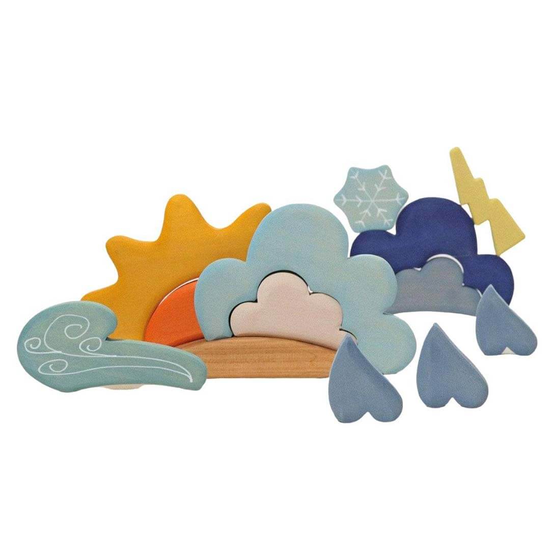 Set of colorful cloud and weather-themed wooden toys on a white background from Grimm's.