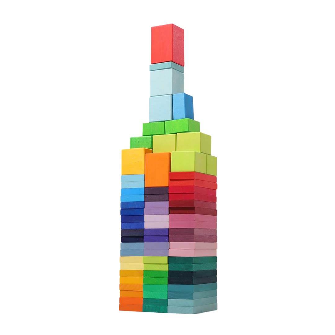 Stack of colorful wooden blocks on a white background.
