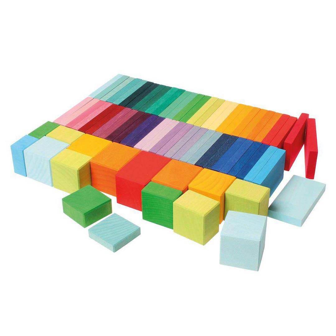 Set of colorful wooden blocks on a white background.