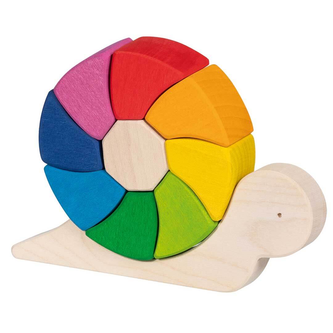 A rainbow wooden snail toy on a white background.