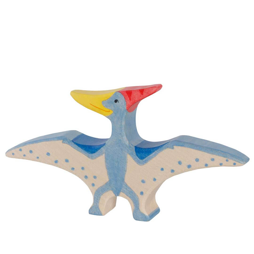 Painted wooden Pteranodon toy figurine with a light blue body, cream wings with blue dots, and a red and yellow beak, isolated on a white background - Bella Luna Toys