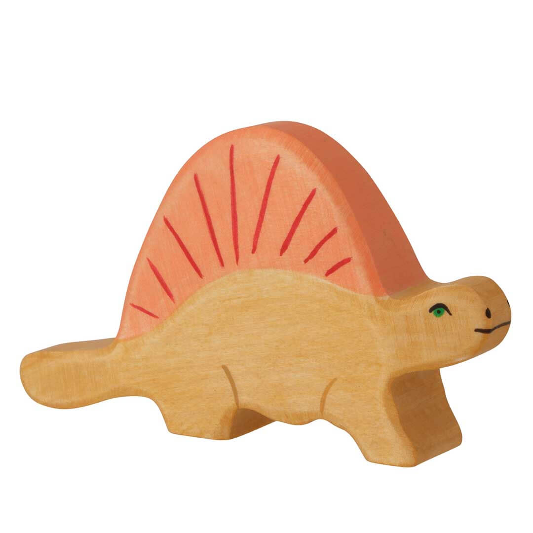 A handcrafted wooden toy dinosaur with a light natural wood body, decorated with red painted lines, shown against a plain white background.