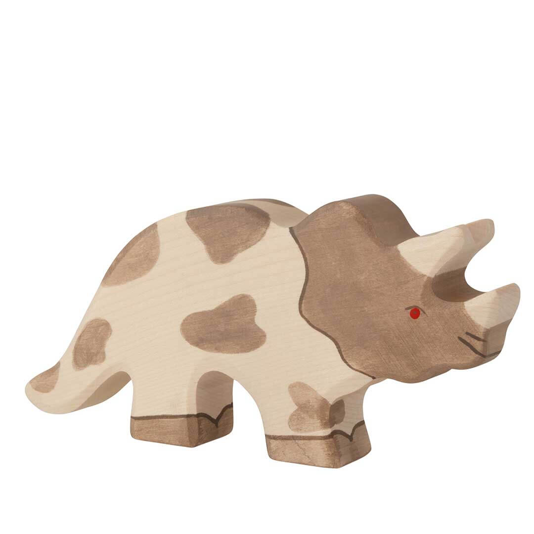A handcrafted wooden toy triceratops with a natural light wood finish, brown painted spots, and a small red painted eye, shown on a solid white background - Bella Luna Toys