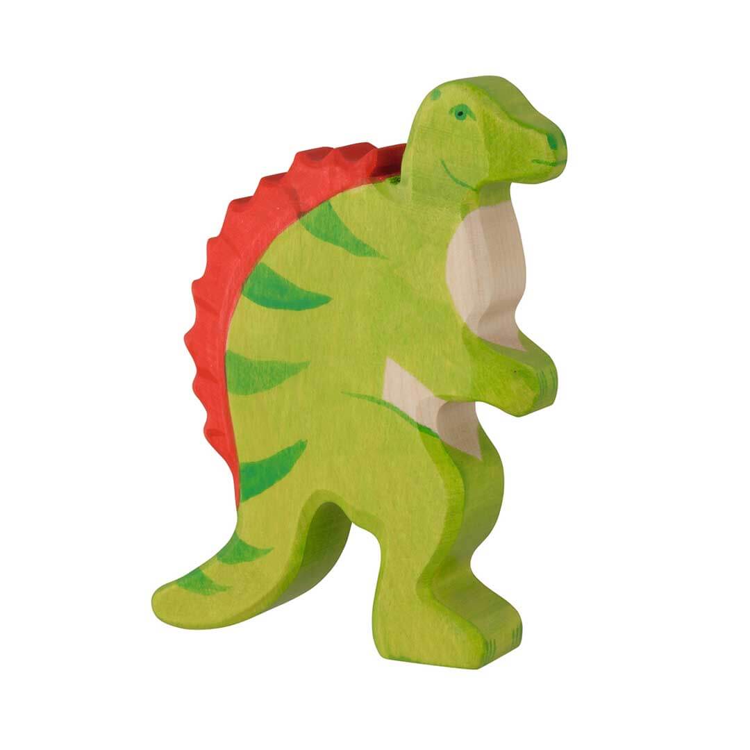 A handcrafted wooden dinosaur toy in profile, featuring a light green body, darker green stripes, a bright red spiky back, and a natural light wood belly, set against a plain white background - Bella Luna Toys