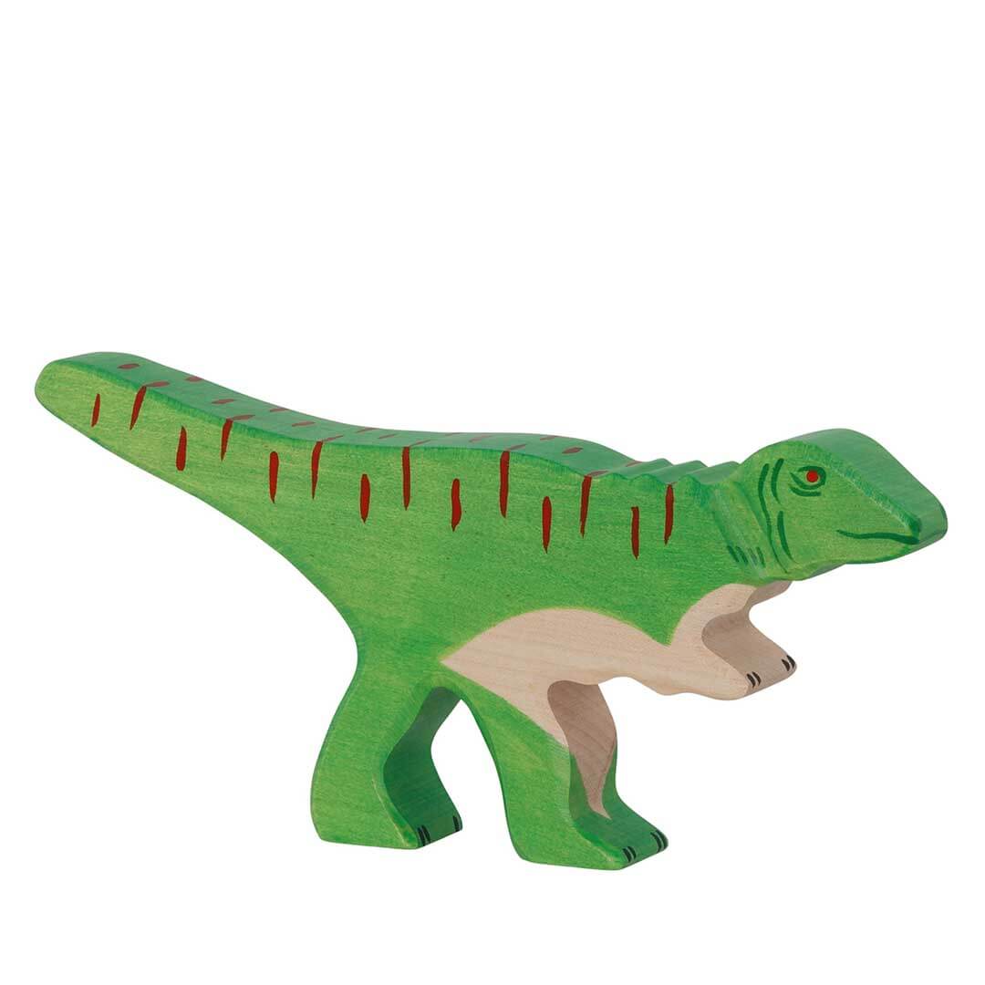 A wooden toy dinosaur block in green with red stripes and a natural beige underside, shown on a plain white background - Bella Luna Toys