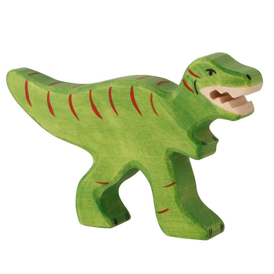 A handcrafted wooden dinosaur toy in shades of green with red painted stripes, shown against a plain white background.