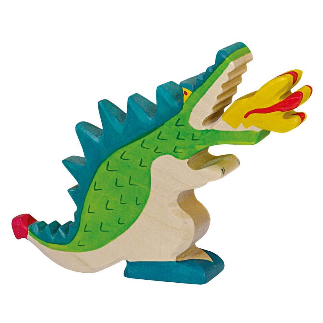 A handcrafted wooden toy dinosaur with a green body, blue spikes, yellow mouth, and red accents, isolated on a white background - Bella Luna Toys