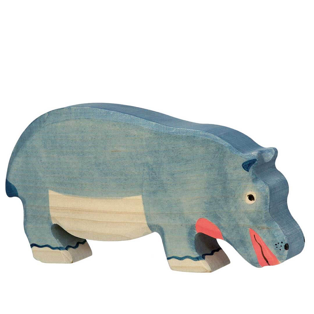 Painted wooden hippopotamus toy in light blue and beige with pink accents, shown on a solid white background.