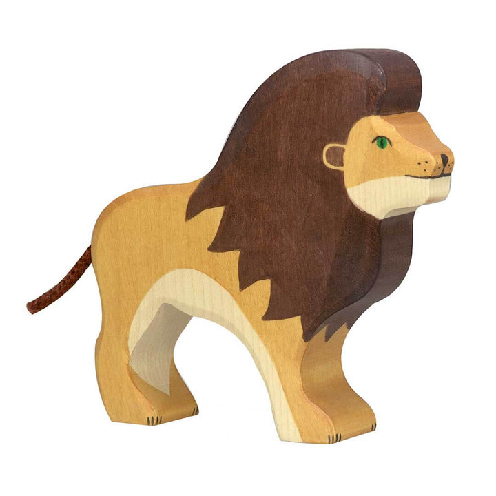 A wooden lion toy figurine with a dark brown mane, tan body, cream-colored accents, and a small green eye, shown on a plain white background - Bella Luna Toys