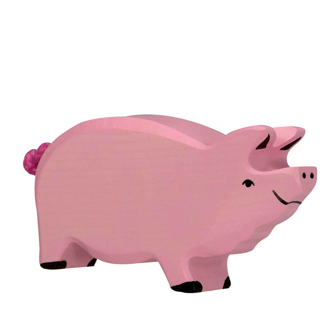 A pink wooden pig toy with a small pink tail and black painted details, shown on a plain white background - Bella Luna Toys