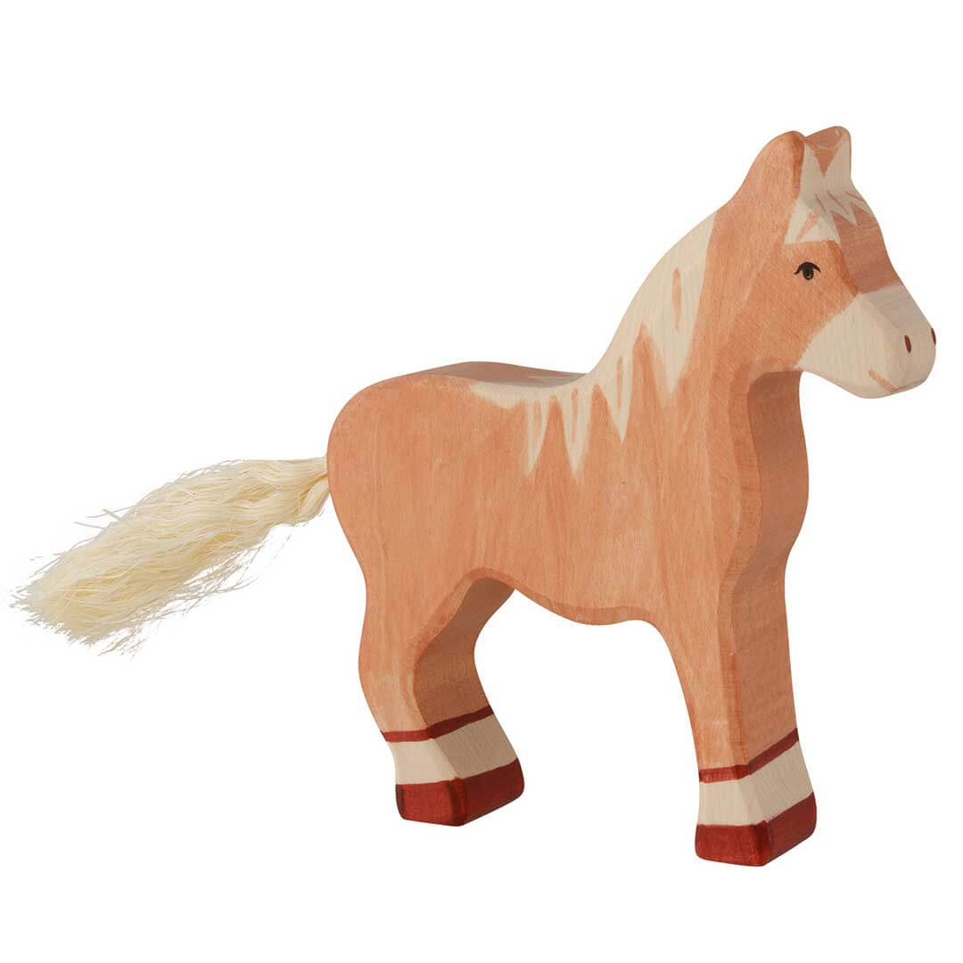 A wooden toy horse figurine with a natural light wood finish, cream-colored mane and face, and red and cream painted details on its hooves, shown against a plain white background - Bella Luna Toys