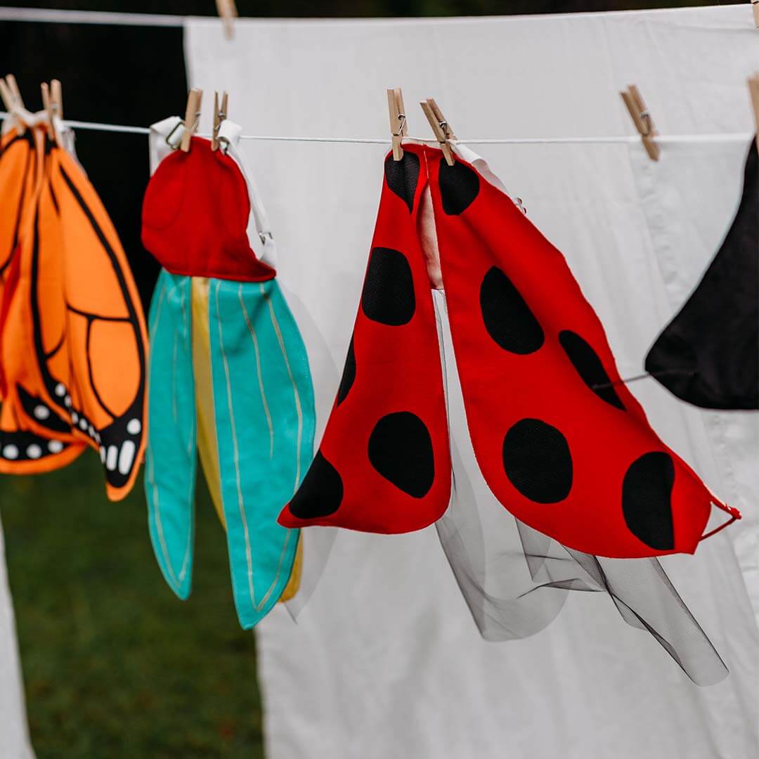 Ladybug Wings Costume with red wings with polkadots hanging up.