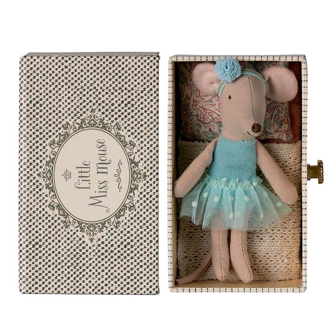Stuffed mouse toy in a decorative box with 'Little Miss Mouse' words on the box.