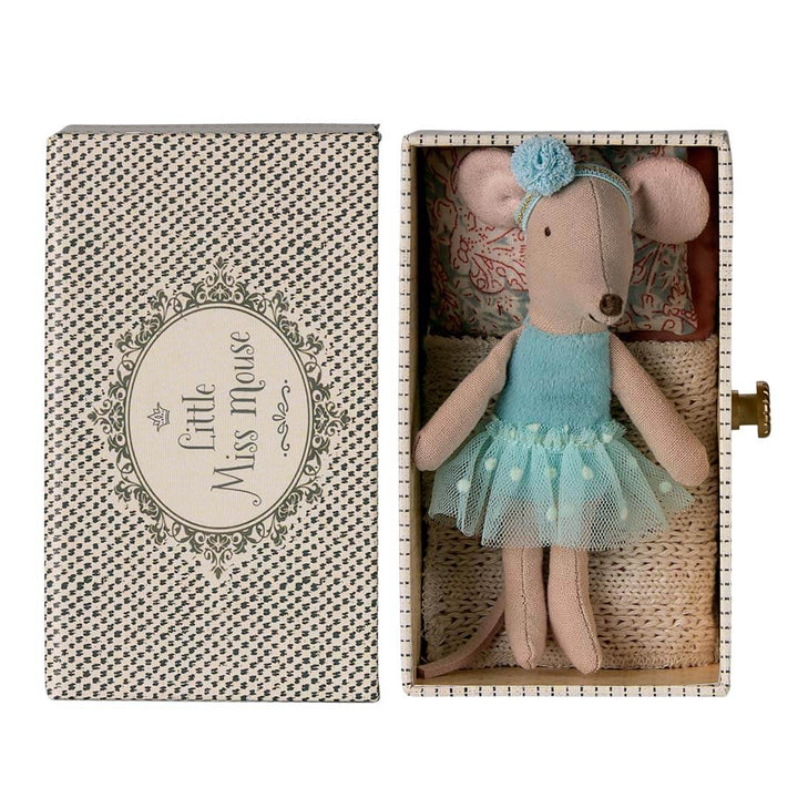 Stuffed mouse toy in a decorative box with 'Little Miss Mouse' words on the box.
