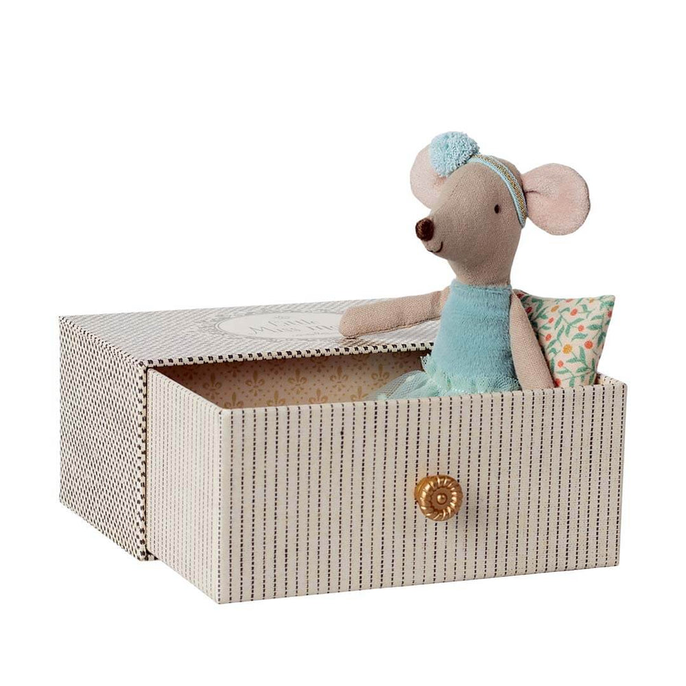 Stuffed mouse toy in a decorative box on a white background